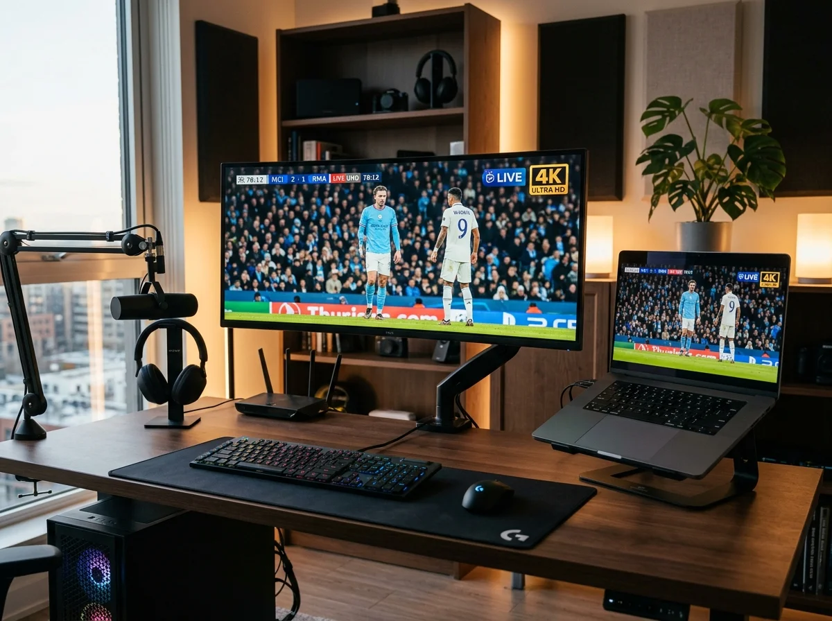 Live 4K football match streaming on monitor and laptop with B1G Player IPTV