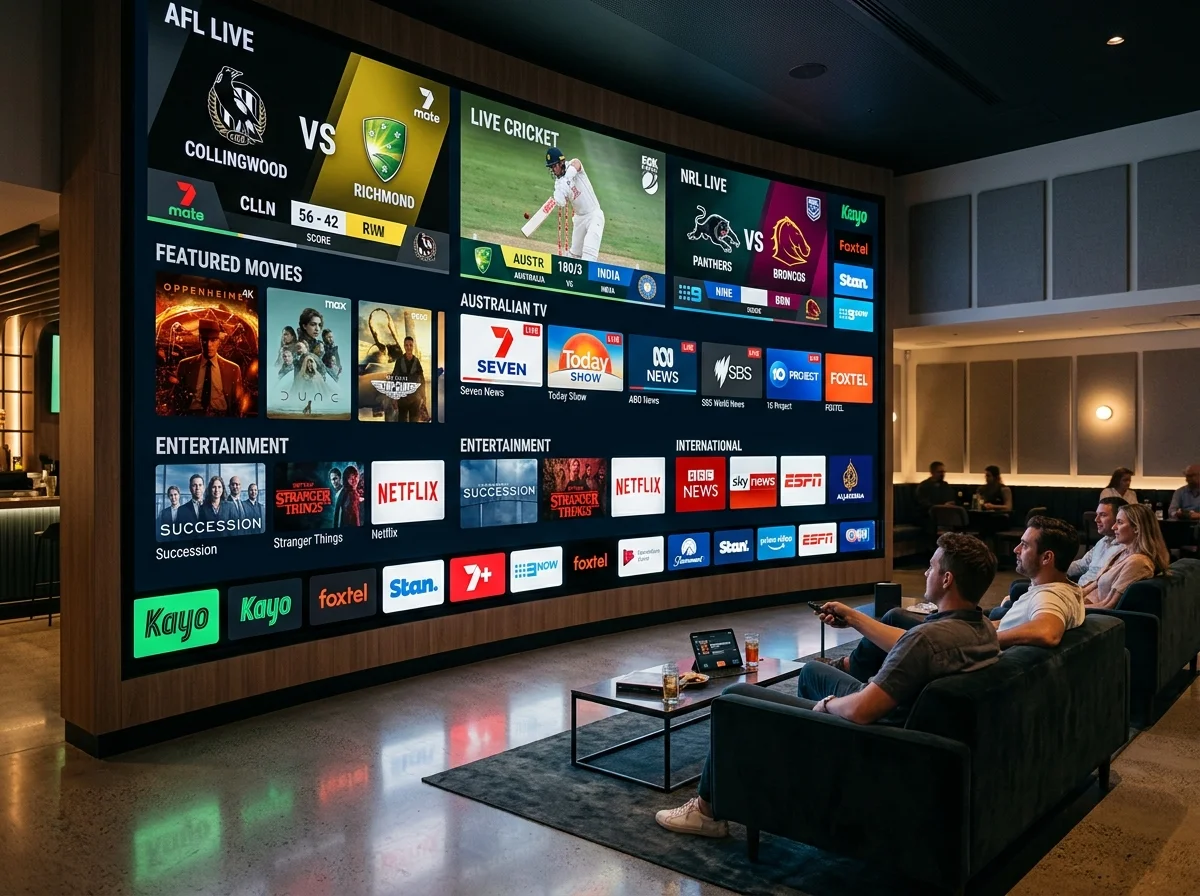 Large cinema screen showing AFL, cricket, NRL sports and movies via B1G Player IPTV